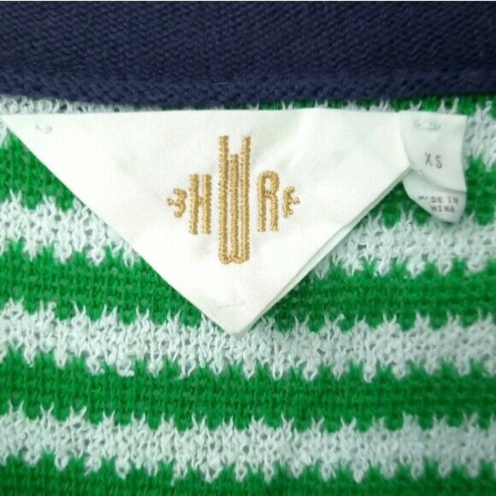 Anthropologie HWR Green White Striped Puff Sleeve Navy Blue Tie Neck Cardigan XS - Picture 8 of 11